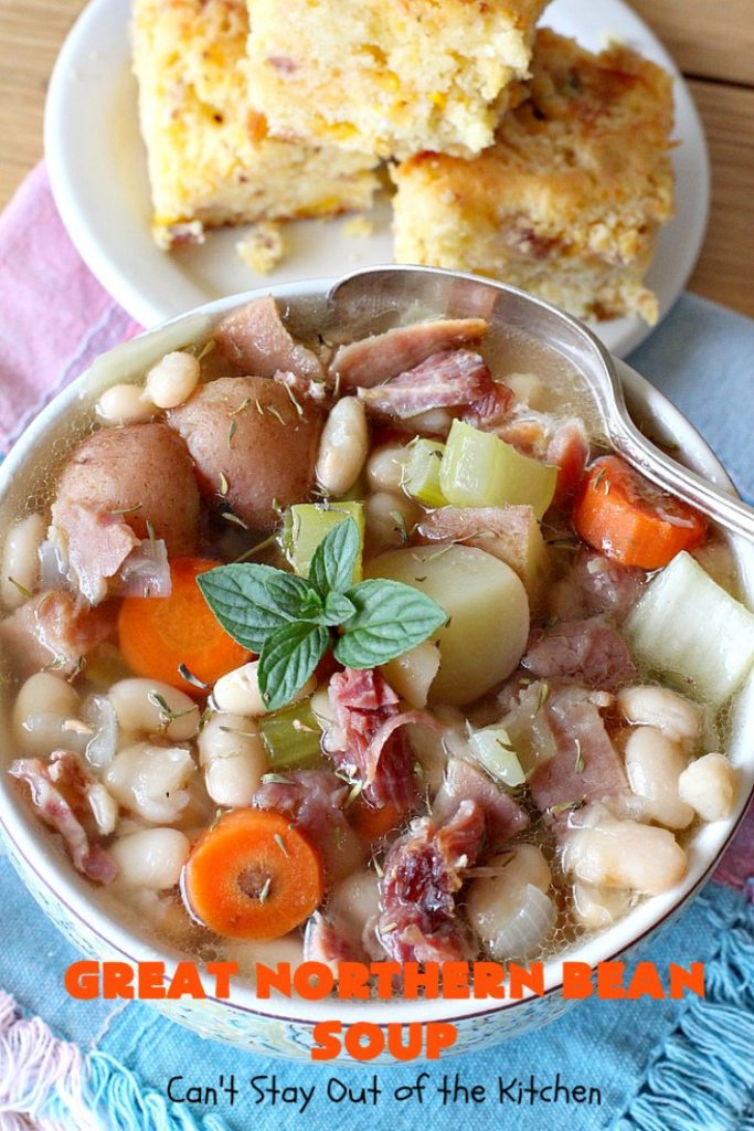 Great Northern Bean Soup | Can't Stay Out of the Kitchen | this is one of the BEST #HamAndBeanSoup #recipes I've ever eaten. This fantastic #GooseberryPatch #soup is hearty, filling, satisfying & irresistible comfort food. It's absolutely awesome served with #cornbread crumbed into it. Our company loved it! Great way to use up leftover #holiday #ham. #pork #GreatNorthernBeans #GreatNorthernBeanSoup #GlutenFree #ham #potatoes #carrots