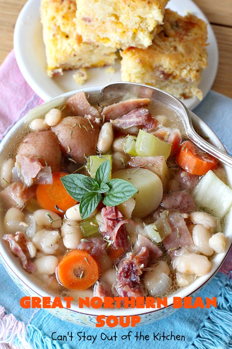 Great Northern Bean Soup | Can't Stay Out of the Kitchen | this is one of the BEST #HamAndBeanSoup #recipes I've ever eaten. This fantastic #GooseberryPatch #soup is hearty, filling, satisfying & irresistible comfort food. It's absolutely awesome served with #cornbread crumbed into it. Our company loved it! Great way to use up leftover #holiday #ham. #pork #GreatNorthernBeans #GreatNorthernBeanSoup #GlutenFree #ham #potatoes #carrots