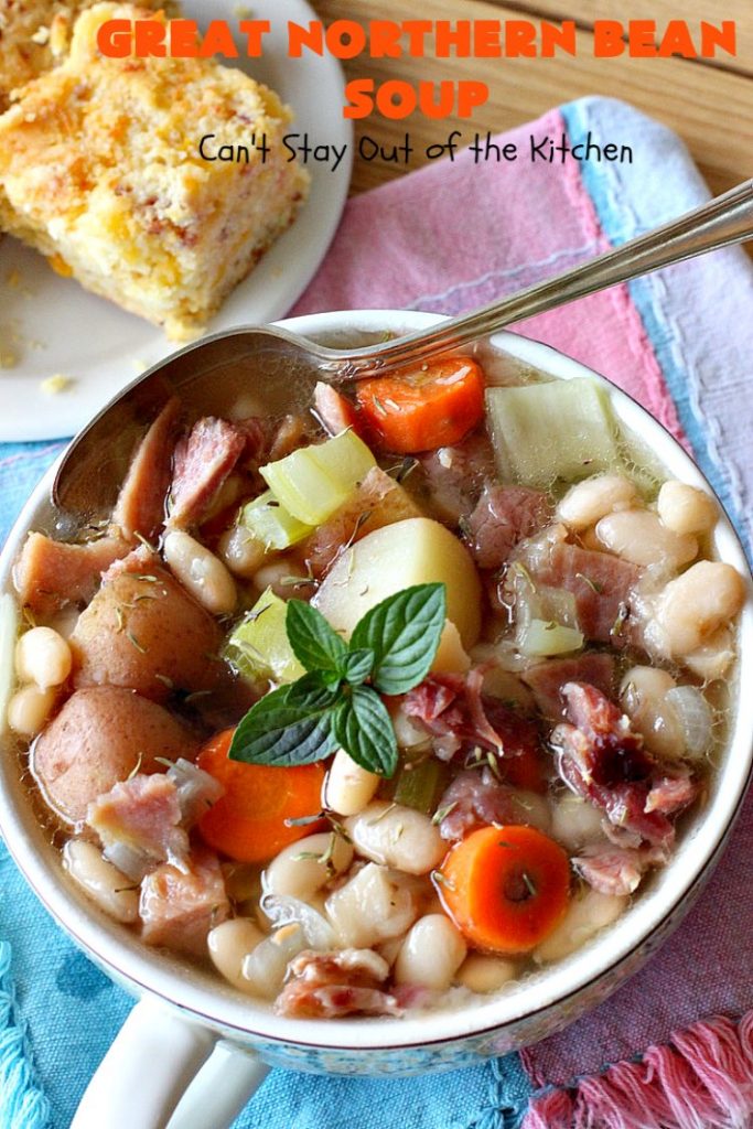 Great Northern Bean Soup | Can't Stay Out of the Kitchen | this is one of the BEST #HamAndBeanSoup #recipes I've ever eaten. This fantastic #GooseberryPatch #soup is hearty, filling, satisfying & irresistible comfort food. It's absolutely awesome served with #cornbread crumbed into it. Our company loved it! Great way to use up leftover #holiday #ham. #pork #GreatNorthernBeans #GreatNorthernBeanSoup #GlutenFree #ham #potatoes #carrots