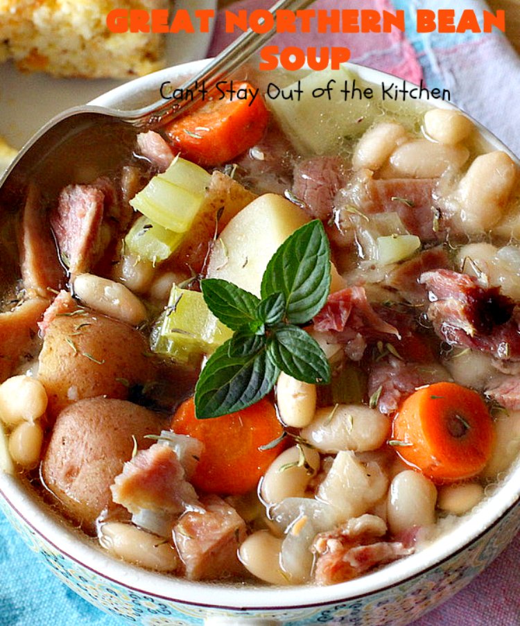 Great Northern Bean Soup | Can't Stay Out of the Kitchen | this is one of the BEST #HamAndBeanSoup #recipes I've ever eaten. This fantastic #GooseberryPatch #soup is hearty, filling, satisfying & irresistible comfort food. It's absolutely awesome served with #cornbread crumbed into it. Our company loved it! Great way to use up leftover #holiday #ham. #pork #GreatNorthernBeans #GreatNorthernBeanSoup #GlutenFree #ham #potatoes #carrots