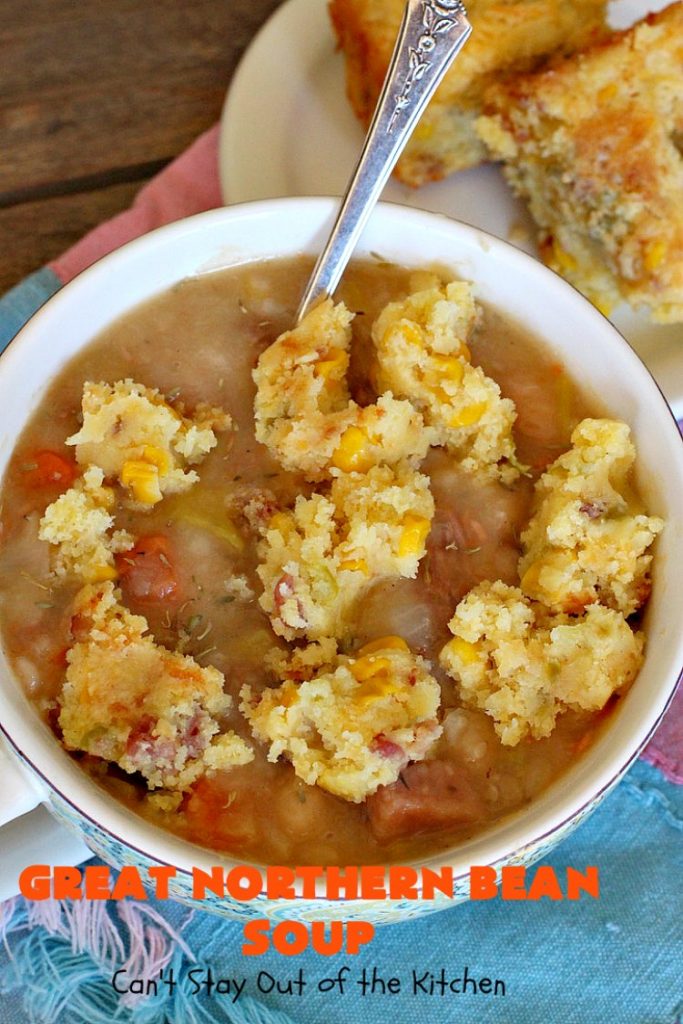 Great Northern Bean Soup | Can't Stay Out of the Kitchen | this is one of the BEST #HamAndBeanSoup #recipes I've ever eaten. This fantastic #GooseberryPatch #soup is hearty, filling, satisfying & irresistible comfort food. It's absolutely awesome served with #cornbread crumbed into it. Our company loved it! Great way to use up leftover #holiday #ham. #pork #GreatNorthernBeans #GreatNorthernBeanSoup #GlutenFree #ham #potatoes #carrots