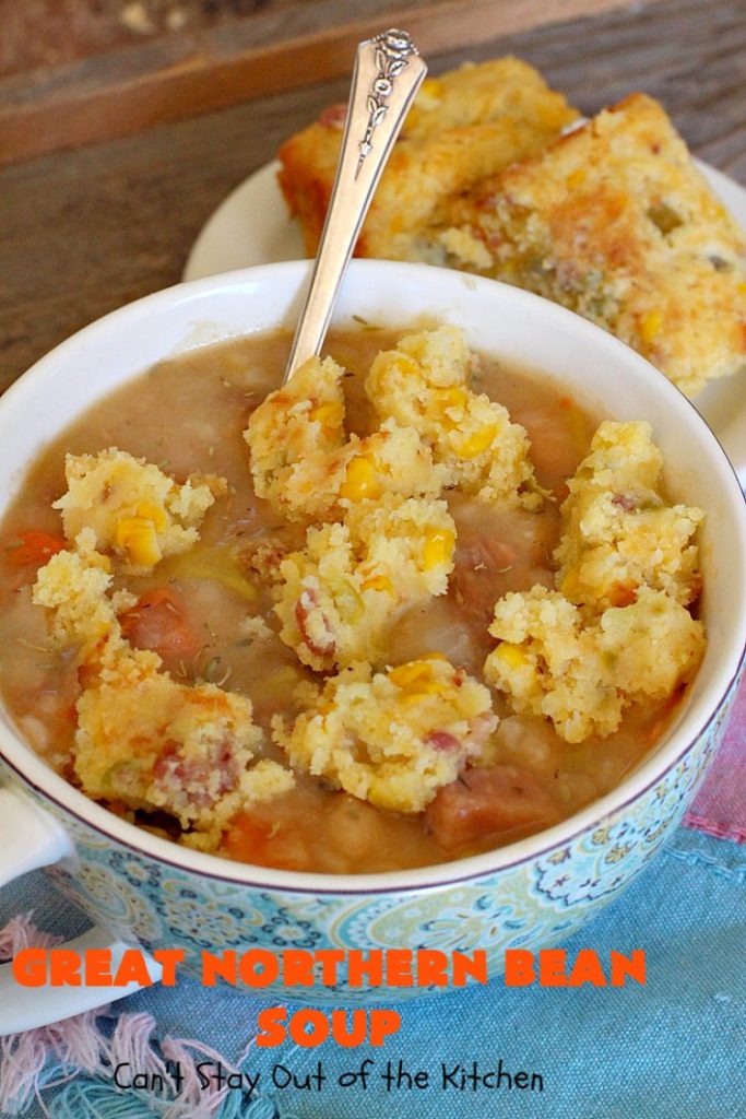 Great Northern Bean Soup | Can't Stay Out of the Kitchen | this is one of the BEST #HamAndBeanSoup #recipes I've ever eaten. This fantastic #GooseberryPatch #soup is hearty, filling, satisfying & irresistible comfort food. It's absolutely awesome served with #cornbread crumbed into it. Our company loved it! Great way to use up leftover #holiday #ham. #pork #GreatNorthernBeans #GreatNorthernBeanSoup #GlutenFree #ham #potatoes #carrots