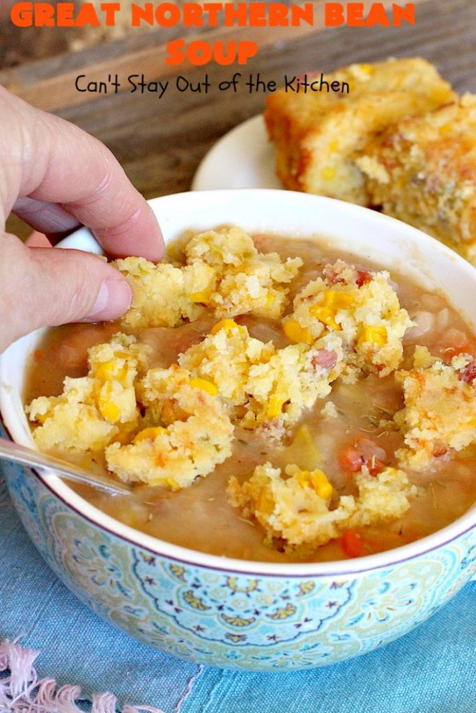 Great Northern Bean Soup | Can't Stay Out of the Kitchen | this is one of the BEST #HamAndBeanSoup #recipes I've ever eaten. This fantastic #GooseberryPatch #soup is hearty, filling, satisfying & irresistible comfort food. It's absolutely awesome served with #cornbread crumbed into it. Our company loved it! Great way to use up leftover #holiday #ham. #pork #GreatNorthernBeans #GreatNorthernBeanSoup #GlutenFree #ham #potatoes #carrots