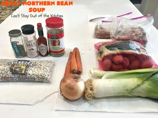 Great Northern Bean Soup | Can't Stay Out of the Kitchen | this is one of the BEST #HamAndBeanSoup #recipes I've ever eaten. This fantastic #GooseberryPatch #soup is hearty, filling, satisfying & irresistible comfort food. It's absolutely awesome served with #cornbread crumbed into it. Our company loved it! Great way to use up leftover #holiday #ham. #pork #GreatNorthernBeans #GreatNorthernBeanSoup #GlutenFree #ham #potatoes #carrots