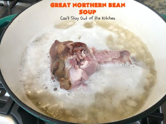 Great Northern Bean Soup | Can't Stay Out of the Kitchen | this is one of the BEST #HamAndBeanSoup #recipes I've ever eaten. This fantastic #GooseberryPatch #soup is hearty, filling, satisfying & irresistible comfort food. It's absolutely awesome served with #cornbread crumbed into it. Our company loved it! Great way to use up leftover #holiday #ham. #pork #GreatNorthernBeans #GreatNorthernBeanSoup #GlutenFree #ham #potatoes #carrots