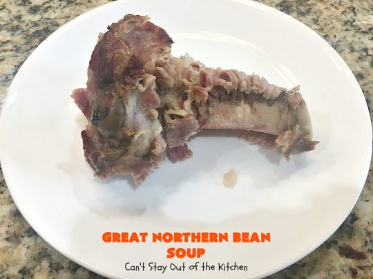 Great Northern Bean Soup | Can't Stay Out of the Kitchen | this is one of the BEST #HamAndBeanSoup #recipes I've ever eaten. This fantastic #GooseberryPatch #soup is hearty, filling, satisfying & irresistible comfort food. It's absolutely awesome served with #cornbread crumbed into it. Our company loved it! Great way to use up leftover #holiday #ham. #pork #GreatNorthernBeans #GreatNorthernBeanSoup #GlutenFree #ham #potatoes #carrots