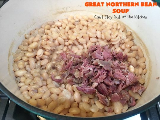Great Northern Bean Soup | Can't Stay Out of the Kitchen | this is one of the BEST #HamAndBeanSoup #recipes I've ever eaten. This fantastic #GooseberryPatch #soup is hearty, filling, satisfying & irresistible comfort food. It's absolutely awesome served with #cornbread crumbed into it. Our company loved it! Great way to use up leftover #holiday #ham. #pork #GreatNorthernBeans #GreatNorthernBeanSoup #GlutenFree #ham #potatoes #carrots