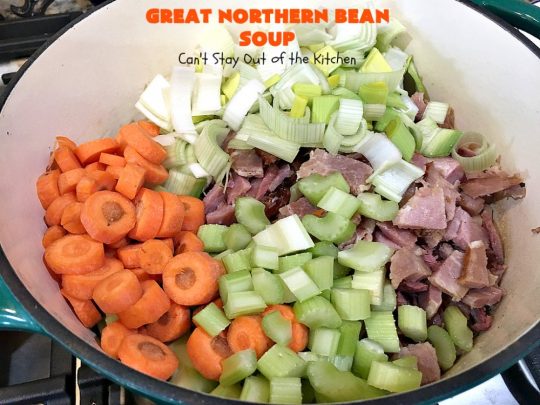 Great Northern Bean Soup | Can't Stay Out of the Kitchen | this is one of the BEST #HamAndBeanSoup #recipes I've ever eaten. This fantastic #GooseberryPatch #soup is hearty, filling, satisfying & irresistible comfort food. It's absolutely awesome served with #cornbread crumbed into it. Our company loved it! Great way to use up leftover #holiday #ham. #pork #GreatNorthernBeans #GreatNorthernBeanSoup #GlutenFree #ham #potatoes #carrots