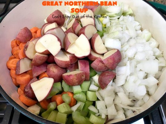 Great Northern Bean Soup | Can't Stay Out of the Kitchen | this is one of the BEST #HamAndBeanSoup #recipes I've ever eaten. This fantastic #GooseberryPatch #soup is hearty, filling, satisfying & irresistible comfort food. It's absolutely awesome served with #cornbread crumbed into it. Our company loved it! Great way to use up leftover #holiday #ham. #pork #GreatNorthernBeans #GreatNorthernBeanSoup #GlutenFree #ham #potatoes #carrots