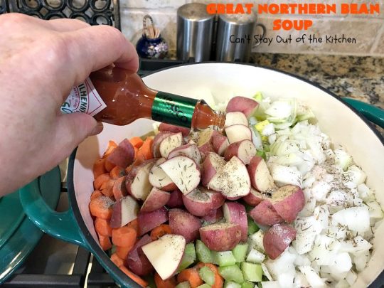 Great Northern Bean Soup | Can't Stay Out of the Kitchen | this is one of the BEST #HamAndBeanSoup #recipes I've ever eaten. This fantastic #GooseberryPatch #soup is hearty, filling, satisfying & irresistible comfort food. It's absolutely awesome served with #cornbread crumbed into it. Our company loved it! Great way to use up leftover #holiday #ham. #pork #GreatNorthernBeans #GreatNorthernBeanSoup #GlutenFree #ham #potatoes #carrots