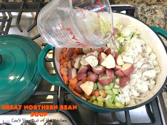 Great Northern Bean Soup | Can't Stay Out of the Kitchen | this is one of the BEST #HamAndBeanSoup #recipes I've ever eaten. This fantastic #GooseberryPatch #soup is hearty, filling, satisfying & irresistible comfort food. It's absolutely awesome served with #cornbread crumbed into it. Our company loved it! Great way to use up leftover #holiday #ham. #pork #GreatNorthernBeans #GreatNorthernBeanSoup #GlutenFree #ham #potatoes #carrots