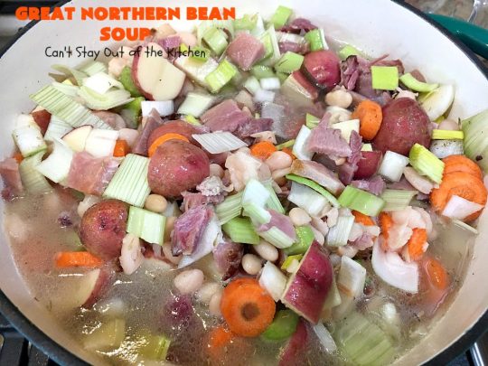 Great Northern Bean Soup | Can't Stay Out of the Kitchen | this is one of the BEST #HamAndBeanSoup #recipes I've ever eaten. This fantastic #GooseberryPatch #soup is hearty, filling, satisfying & irresistible comfort food. It's absolutely awesome served with #cornbread crumbed into it. Our company loved it! Great way to use up leftover #holiday #ham. #pork #GreatNorthernBeans #GreatNorthernBeanSoup #GlutenFree #ham #potatoes #carrots