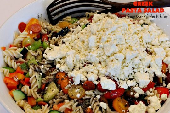 Greek Pasta Salad | Can't Stay Out of the Kitchen | my favorite #pasta #salad. This one has a #Greek flair with #pepperoni #olives #avocados & #fetacheese. I used #glutenfree noodles. Absolutely amazing!