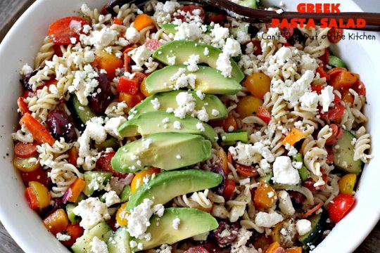 Greek Pasta Salad | Can't Stay Out of the Kitchen | my favorite #pasta #salad. This one has a #Greek flair with #pepperoni #olives #avocados & #fetacheese. I used #glutenfree noodles. Absolutely amazing!