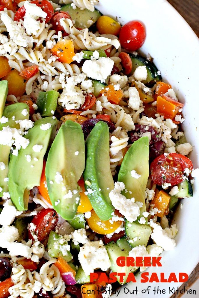 Greek Pasta Salad | Can't Stay Out of the Kitchen | my favorite #pasta #salad. This one has a #Greek flair with #pepperoni #olives #avocados & #fetacheese. I used #glutenfree noodles. Absolutely amazing!