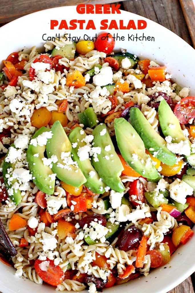 Greek Pasta Salad | Can't Stay Out of the Kitchen | my favorite #pasta #salad. This one has a #Greek flair with #pepperoni #olives #avocados & #fetacheese. I used #glutenfree noodles. Absolutely amazing!