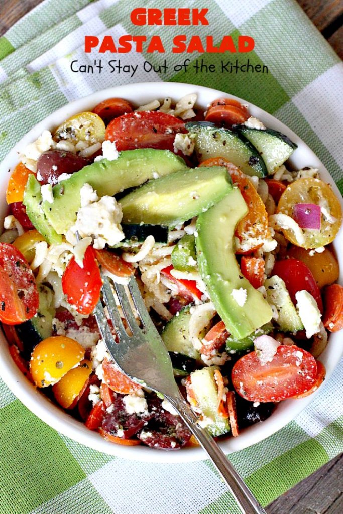 Greek Pasta Salad | Can't Stay Out of the Kitchen | my favorite #pasta #salad. This one has a #Greek flair with #pepperoni #olives #avocados & #fetacheese. I used #glutenfree noodles. Absolutely amazing!