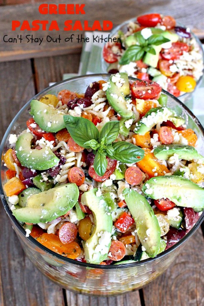 Greek Pasta Salad | Can't Stay Out of the Kitchen | my favorite #pasta #salad. This one has a #Greek flair with #pepperoni #olives #avocados & #fetacheese. I used #glutenfree noodles. Absolutely amazing!