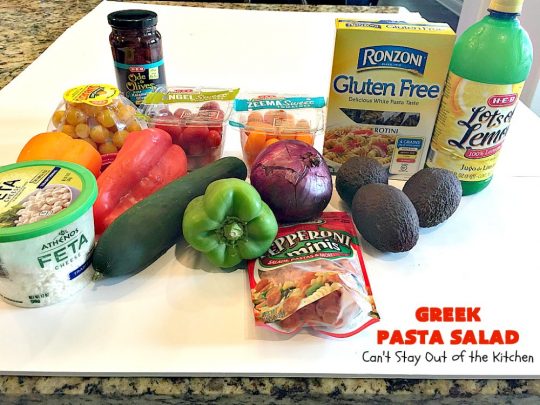 Greek Pasta Salad | Can't Stay Out of the Kitchen | my favorite #pasta #salad. This one has a #Greek flair with #pepperoni #olives #avocados & #fetacheese. I used #glutenfree noodles. Absolutely amazing!