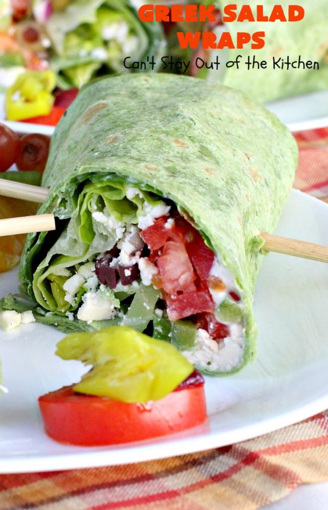 Greek Salad Wraps | Can't Stay Out of the Kitchen | these outrageous #Wraps have all the deliciousness of #GreekSalad but wrapped up like a #sandwich. They are absolutely heavenly & a terrific way to get our kids to eat more veggies! #tailgating #FetaCheese #KalamataOlives #Tomatoes #pepperocini #GreekSaladWraps #MeatlessMonday #Vegetarian #salad #GreekSaladSandwiches