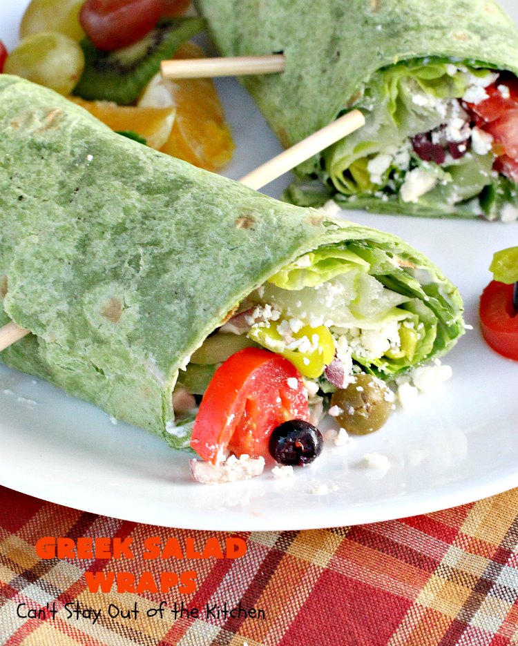 Greek Salad Wraps | Can't Stay Out of the Kitchen | these outrageous #Wraps have all the deliciousness of #GreekSalad but wrapped up like a #sandwich. They are absolutely heavenly & a terrific way to get our kids to eat more veggies! #tailgating #FetaCheese #KalamataOlives #Tomatoes #pepperocini #GreekSaladWraps #MeatlessMonday #Vegetarian #salad #GreekSaladSandwiches