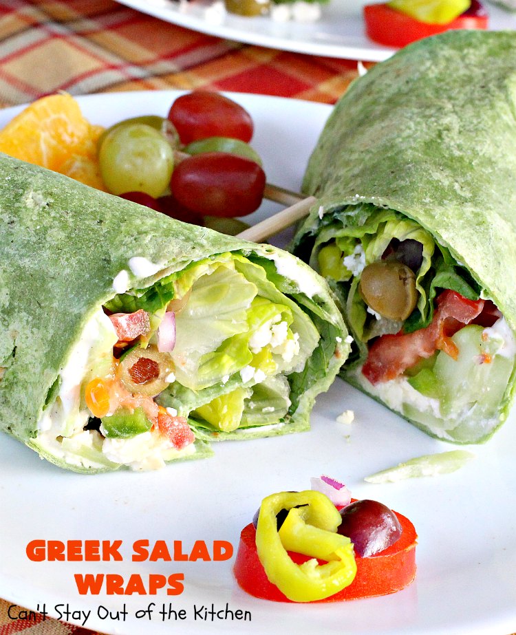 Greek Salad Wraps | Can't Stay Out of the Kitchen | these outrageous #Wraps have all the deliciousness of #GreekSalad but wrapped up like a #sandwich. They are absolutely heavenly & a terrific way to get our kids to eat more veggies! #tailgating #FetaCheese #KalamataOlives #Tomatoes #pepperocini #GreekSaladWraps #MeatlessMonday #Vegetarian #salad #GreekSaladSandwiches