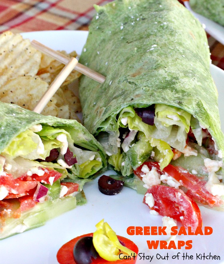 Greek Salad Wraps | Can't Stay Out of the Kitchen | these outrageous #Wraps have all the deliciousness of #GreekSalad but wrapped up like a #sandwich. They are absolutely heavenly & a terrific way to get our kids to eat more veggies! #tailgating #FetaCheese #KalamataOlives #Tomatoes #pepperocini #GreekSaladWraps #MeatlessMonday #Vegetarian #salad #GreekSaladSandwiches
