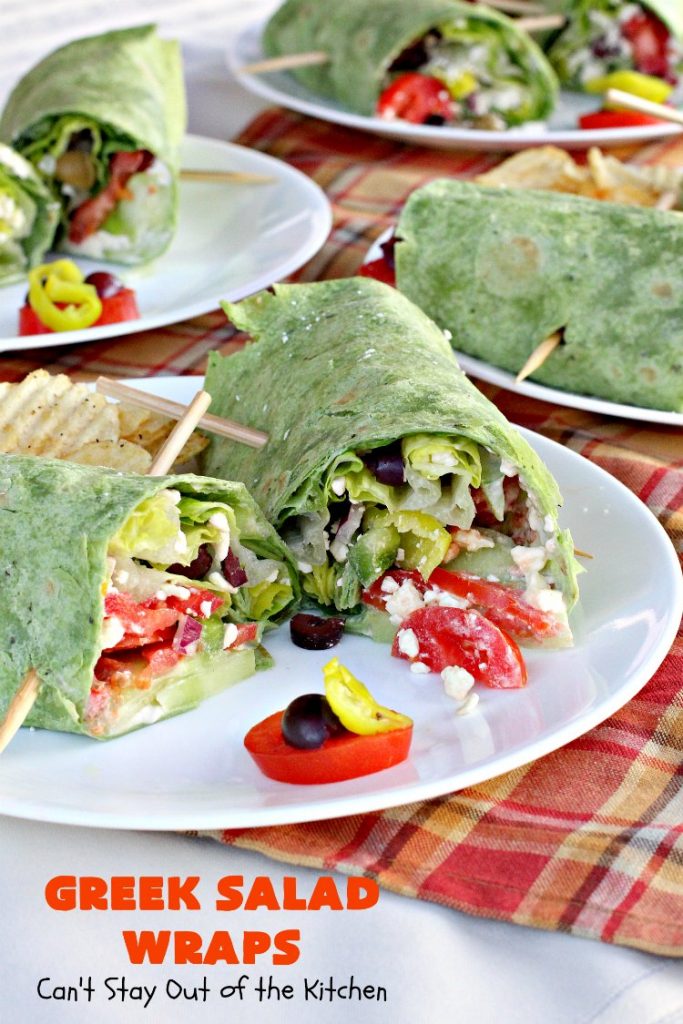Greek Salad Wraps | Can't Stay Out of the Kitchen | these outrageous #Wraps have all the deliciousness of #GreekSalad but wrapped up like a #sandwich. They are absolutely heavenly & a terrific way to get our kids to eat more veggies! #tailgating #FetaCheese #KalamataOlives #Tomatoes #pepperocini #GreekSaladWraps #MeatlessMonday #Vegetarian #salad #GreekSaladSandwiches
