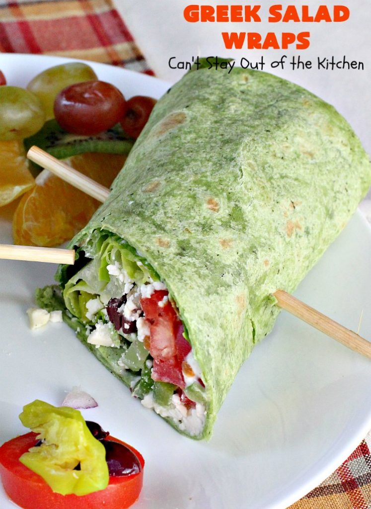Greek Salad Wraps | Can't Stay Out of the Kitchen | these outrageous #Wraps have all the deliciousness of #GreekSalad but wrapped up like a #sandwich. They are absolutely heavenly & a terrific way to get our kids to eat more veggies! #tailgating #FetaCheese #KalamataOlives #Tomatoes #pepperocini #GreekSaladWraps #MeatlessMonday #Vegetarian #salad #GreekSaladSandwiches