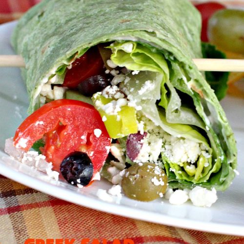 Greek Salad Wraps | Can't Stay Out of the Kitchen | these outrageous #Wraps have all the deliciousness of #GreekSalad but wrapped up like a #sandwich. They are absolutely heavenly & a terrific way to get our kids to eat more veggies! #tailgating #FetaCheese #KalamataOlives #Tomatoes #pepperocini #GreekSaladWraps #MeatlessMonday #Vegetarian #salad #GreekSaladSandwiches