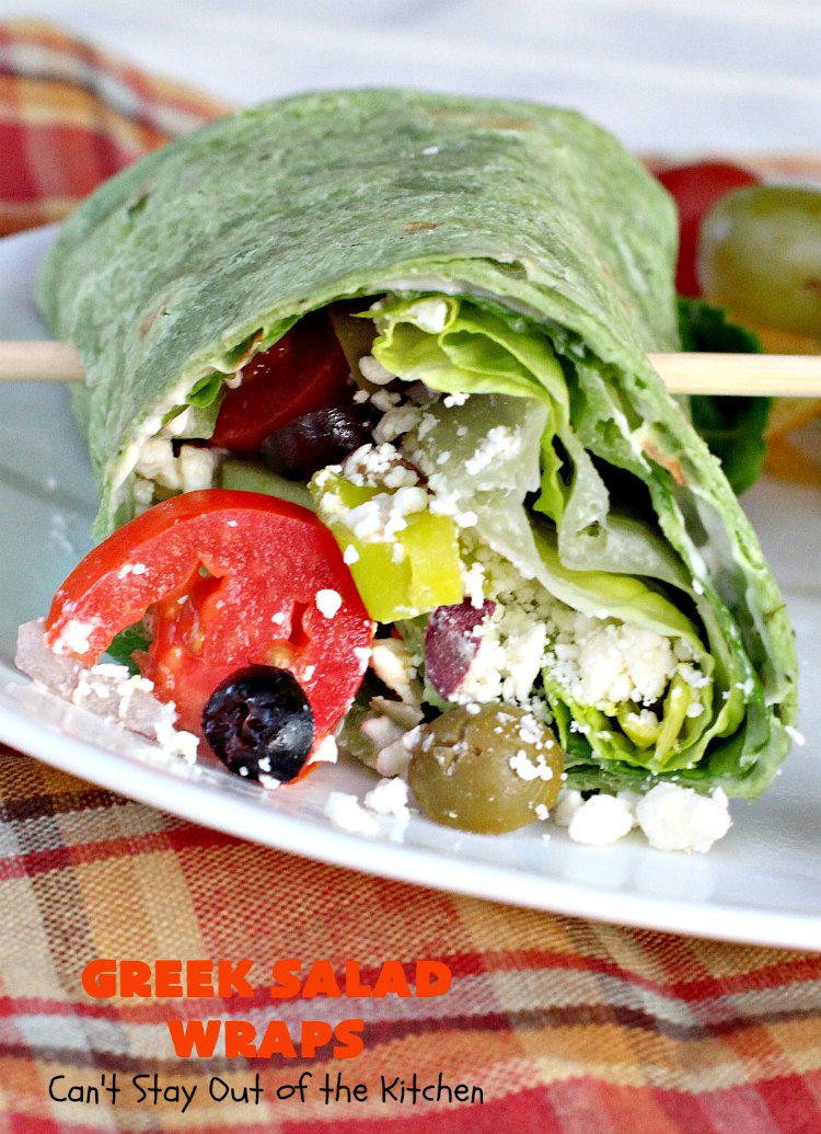 Greek Salad Wraps | Can't Stay Out of the Kitchen | these outrageous #Wraps have all the deliciousness of #GreekSalad but wrapped up like a #sandwich. They are absolutely heavenly & a terrific way to get our kids to eat more veggies! #tailgating #FetaCheese #KalamataOlives #Tomatoes #pepperocini #GreekSaladWraps #MeatlessMonday #Vegetarian #salad #GreekSaladSandwiches
