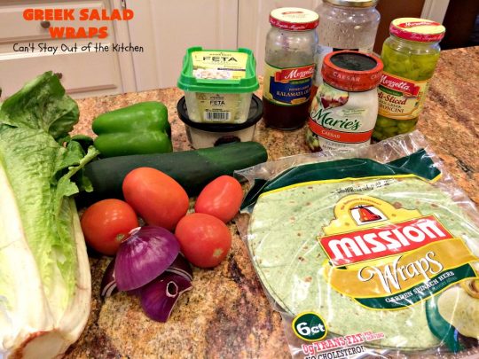 Greek Salad Wraps | Can't Stay Out of the Kitchen | these outrageous #Wraps have all the deliciousness of #GreekSalad but wrapped up like a #sandwich. They are absolutely heavenly & a terrific way to get our kids to eat more veggies! #tailgating #FetaCheese #KalamataOlives #Tomatoes #pepperocini #GreekSaladWraps #MeatlessMonday #Vegetarian #salad #GreekSaladSandwiches