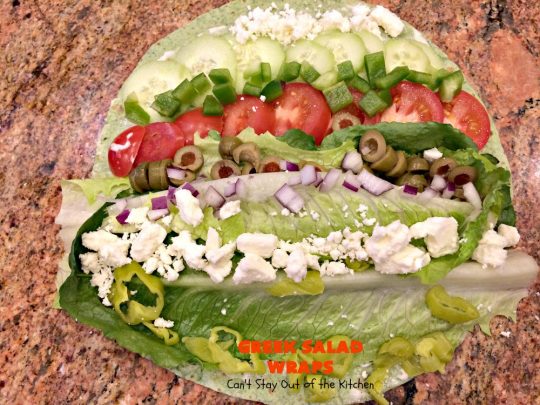 Greek Salad Wraps | Can't Stay Out of the Kitchen | these outrageous #Wraps have all the deliciousness of #GreekSalad but wrapped up like a #sandwich. They are absolutely heavenly & a terrific way to get our kids to eat more veggies! #tailgating #FetaCheese #KalamataOlives #Tomatoes #pepperocini #GreekSaladWraps #MeatlessMonday #Vegetarian #salad #GreekSaladSandwiches
