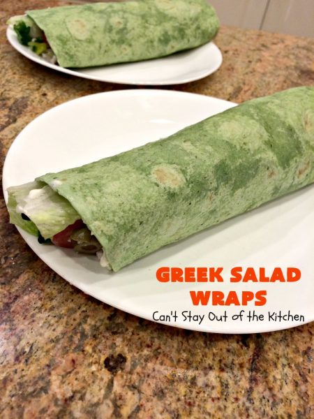 Greek Salad Wraps | Can't Stay Out of the Kitchen | these outrageous #Wraps have all the deliciousness of #GreekSalad but wrapped up like a #sandwich. They are absolutely heavenly & a terrific way to get our kids to eat more veggies! #tailgating #FetaCheese #KalamataOlives #Tomatoes #pepperocini #GreekSaladWraps #MeatlessMonday #Vegetarian #salad #GreekSaladSandwiches