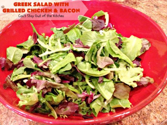 Greek Salad with Grilled Chicken and Bacon | Can't Stay Out of the Kitchen | this amazing #GreekSalad contains both grilled #chicken & #bacon. The flavors are wonderful & the #saladdressing is superb. This is a terrific way to dress up #Greek #Salad. #olives #Fetacheese #pepperocini #glutenfree