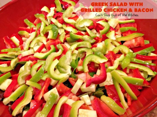 Greek Salad with Grilled Chicken and Bacon | Can't Stay Out of the Kitchen | this amazing #GreekSalad contains both grilled #chicken & #bacon. The flavors are wonderful & the #saladdressing is superb. This is a terrific way to dress up #Greek #Salad. #olives #Fetacheese #pepperocini #glutenfree