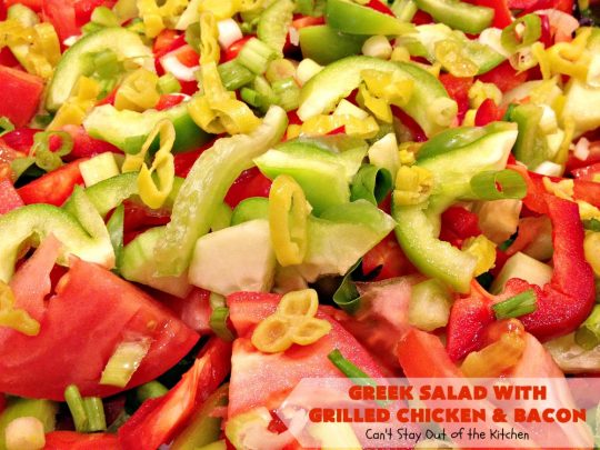 Greek Salad with Grilled Chicken and Bacon | Can't Stay Out of the Kitchen | this amazing #GreekSalad contains both grilled #chicken & #bacon. The flavors are wonderful & the #saladdressing is superb. This is a terrific way to dress up #Greek #Salad. #olives #Fetacheese #pepperocini #glutenfree