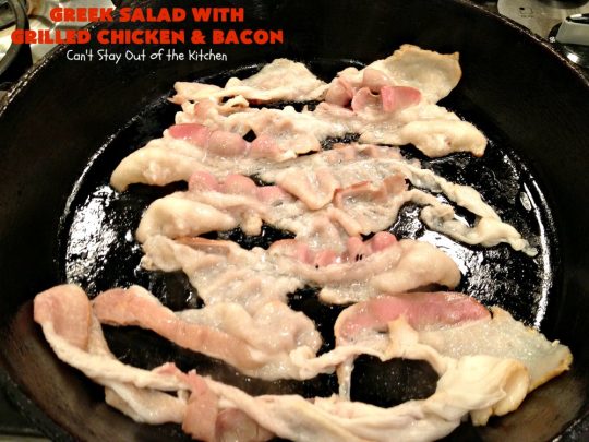 Greek Salad with Grilled Chicken and Bacon | Can't Stay Out of the Kitchen | this amazing #GreekSalad contains both grilled #chicken & #bacon. The flavors are wonderful & the #saladdressing is superb. This is a terrific way to dress up #Greek #Salad. #olives #Fetacheese #pepperocini #glutenfree