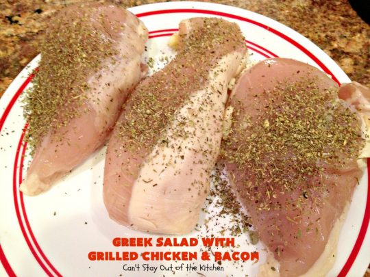 Greek Salad with Grilled Chicken and Bacon | Can't Stay Out of the Kitchen | this amazing #GreekSalad contains both grilled #chicken & #bacon. The flavors are wonderful & the #saladdressing is superb. This is a terrific way to dress up #Greek #Salad. #olives #Fetacheese #pepperocini #glutenfree