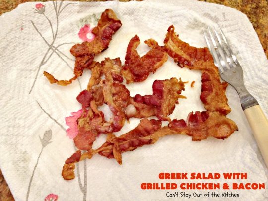 Greek Salad with Grilled Chicken and Bacon | Can't Stay Out of the Kitchen | this amazing #GreekSalad contains both grilled #chicken & #bacon. The flavors are wonderful & the #saladdressing is superb. This is a terrific way to dress up #Greek #Salad. #olives #Fetacheese #pepperocini #glutenfree