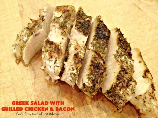 Greek Salad with Grilled Chicken and Bacon | Can't Stay Out of the Kitchen | this amazing #GreekSalad contains both grilled #chicken & #bacon. The flavors are wonderful & the #saladdressing is superb. This is a terrific way to dress up #Greek #Salad. #olives #Fetacheese #pepperocini #glutenfree