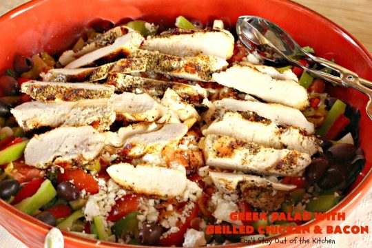 Greek Salad with Grilled Chicken and Bacon | Can't Stay Out of the Kitchen | this amazing #GreekSalad contains both grilled #chicken & #bacon. The flavors are wonderful & the #saladdressing is superb. This is a terrific way to dress up #Greek #Salad. #olives #Fetacheese #pepperocini #glutenfree