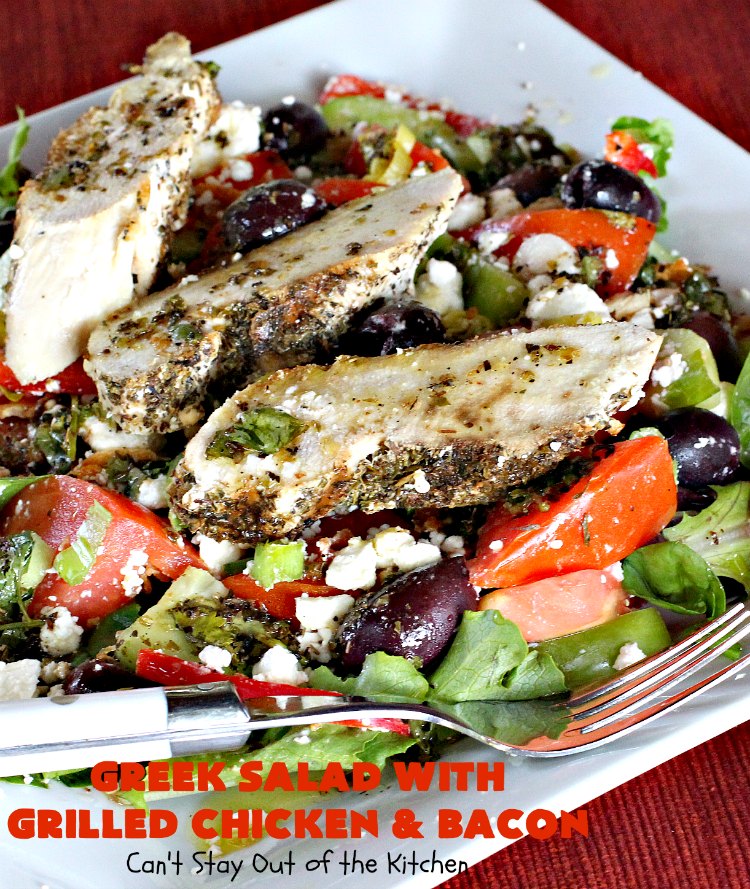 Greek Salad with Grilled Chicken and Bacon | Can't Stay Out of the Kitchen | this amazing #GreekSalad contains both grilled #chicken & #bacon. The flavors are wonderful & the #saladdressing is superb. This is a terrific way to dress up #Greek #Salad. #olives #Fetacheese #pepperocini #glutenfree