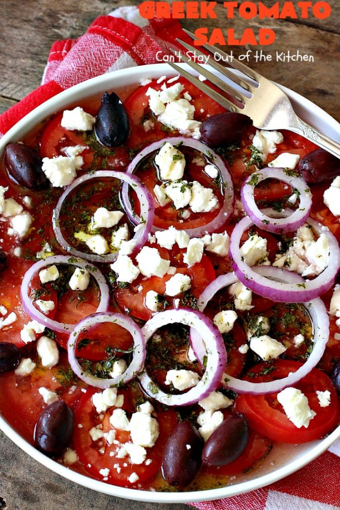 Greek Tomato Salad | Can't Stay Out of the Kitchen | this quick & easy #GreekSalad #recipe can be whipped up in 10 minutes. It's a delicious #sidedish for any meal. We serve it a lot for company because it gets rave reviews. #tomatoes #Greek #olives #salad #FetaCheese #glutenfree