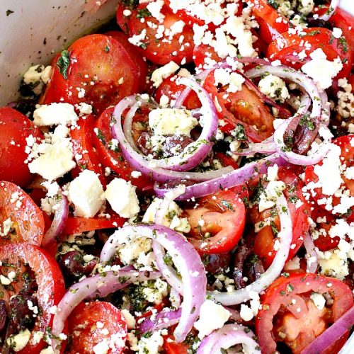 Greek Tomato Salad | Can't Stay Out of the Kitchen | this quick & easy #GreekSalad #recipe can be whipped up in 10 minutes. It's a delicious #sidedish for any meal. We serve it a lot for company because it gets rave reviews. #tomatoes #Greek #olives #salad #FetaCheese #glutenfree