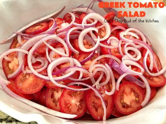 Greek Tomato Salad | Can't Stay Out of the Kitchen | this quick & easy #GreekSalad #recipe can be whipped up in 10 minutes. It's a delicious #sidedish for any meal. We serve it a lot for company because it gets rave reviews. #tomatoes #Greek #olives #salad #FetaCheese #glutenfree