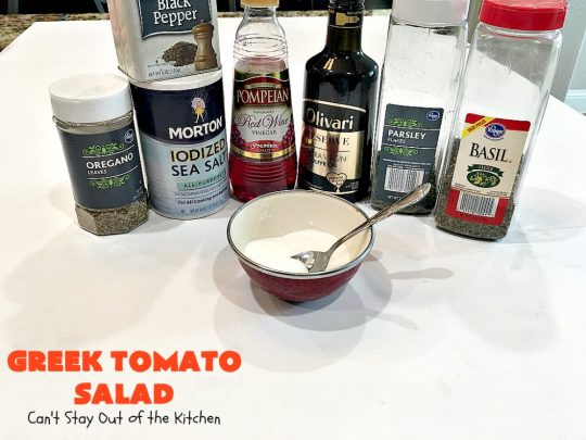 Greek Tomato Salad | Can't Stay Out of the Kitchen | this quick & easy #GreekSalad #recipe can be whipped up in 10 minutes. It's a delicious #sidedish for any meal. We serve it a lot for company because it gets rave reviews. #tomatoes #Greek #olives #salad #FetaCheese #glutenfree