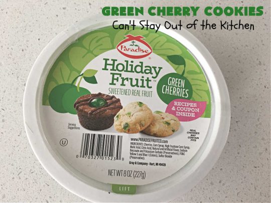 Green Cherry Cookies | Can't Stay Out of the Kitchen | these festive #cookies are terrific for #holiday #baking & parties, a #ChristmasCookieExchange or even potlucks! #GreenCherries, #pecans & #coconut combine for a fantastic #dessert that everyone will love. #CherryDessert #HolidayDessert #ParadiseFruitCompany #ParadiseCandiedFruit #GreenCherryCookies
