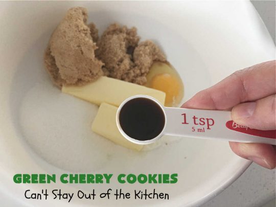 Green Cherry Cookies | Can't Stay Out of the Kitchen | these festive #cookies are terrific for #holiday #baking & parties, a #ChristmasCookieExchange or even potlucks! #GreenCherries, #pecans & #coconut combine for a fantastic #dessert that everyone will love. #CherryDessert #HolidayDessert #ParadiseFruitCompany #ParadiseCandiedFruit #GreenCherryCookies