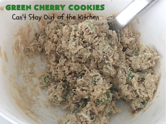 Green Cherry Cookies | Can't Stay Out of the Kitchen | these festive #cookies are terrific for #holiday #baking & parties, a #ChristmasCookieExchange or even potlucks! #GreenCherries, #pecans & #coconut combine for a fantastic #dessert that everyone will love. #CherryDessert #HolidayDessert #ParadiseFruitCompany #ParadiseCandiedFruit #GreenCherryCookies